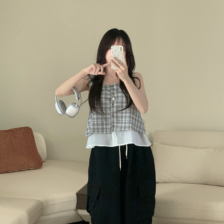 レイヤードチェックキャミソール GREY