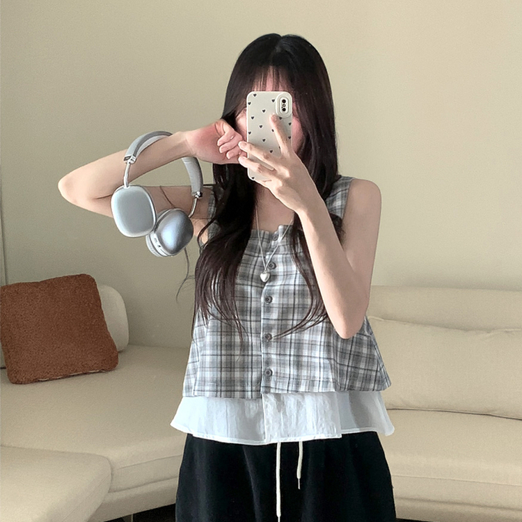 レイヤードチェックキャミソール GREY