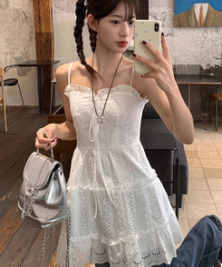 ミニワンピース パンチングキャミソールレースワンピース WHITE