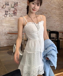 ミニワンピース パンチングキャミソールレースワンピース WHITE