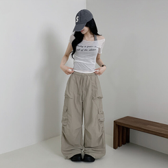 ワイド カーゴストリングナイロンワイドパンツ BEIGE