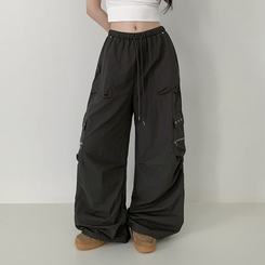 ワイド カーゴストリングナイロンワイドパンツ BLACK