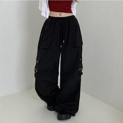 ワイド カーゴストリングナイロンワイドパンツ BLACK