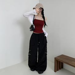 ワイド カーゴストリングナイロンワイドパンツ BLACK