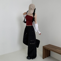 ワイド カーゴストリングナイロンワイドパンツ BLACK