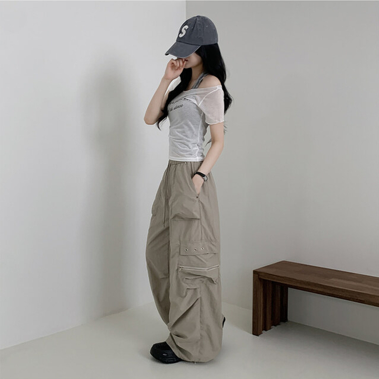 カーゴストリングナイロンワイドパンツ BEIGE