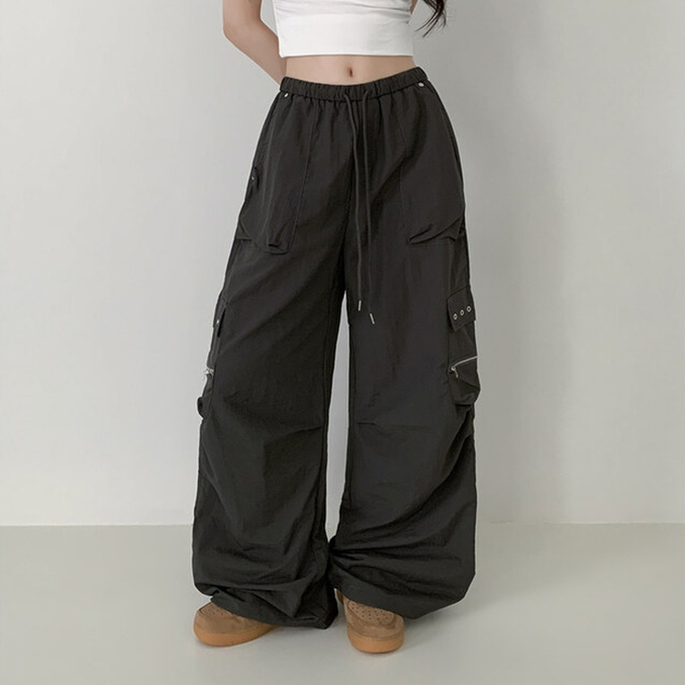 カーゴストリングナイロンワイドパンツ BLACK