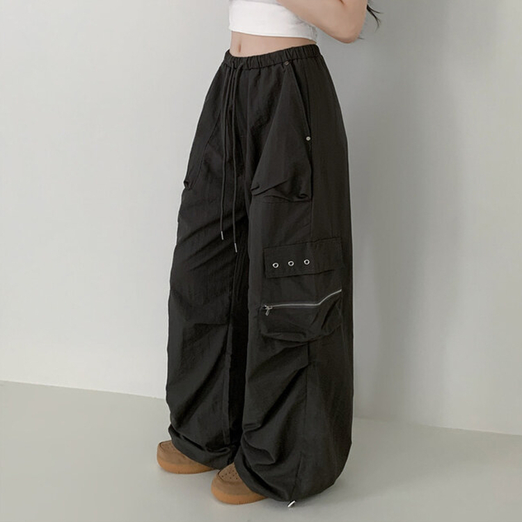 カーゴストリングナイロンワイドパンツ BLACK