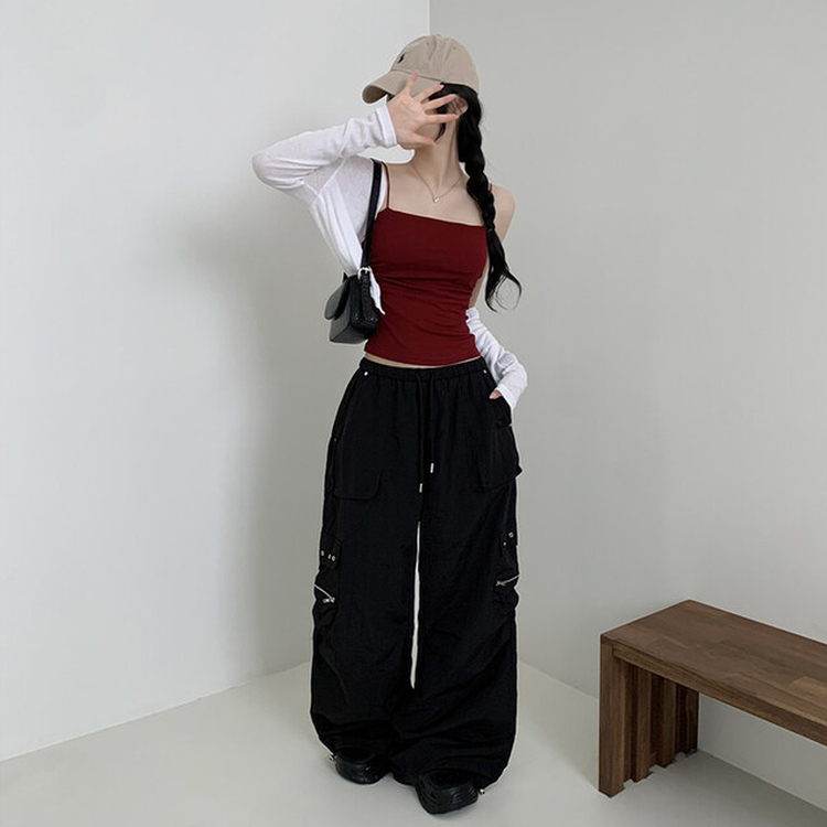 カーゴストリングナイロンワイドパンツ BLACK