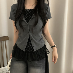 半袖Tシャツ ドットキャミソールカーディガンTシャツ CHARCOAL