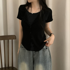 半袖Tシャツ ドットキャミソールカーディガンTシャツ BLACK