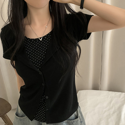半袖Tシャツ ドットキャミソールカーディガンTシャツ BLACK