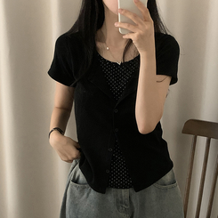 半袖Tシャツ ドットキャミソールカーディガンTシャツ BLACK