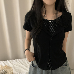 半袖Tシャツ ドットキャミソールカーディガンTシャツ BLACK