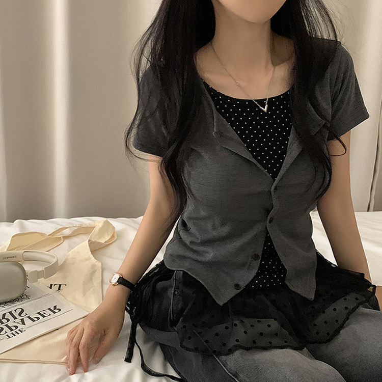 半袖Tシャツ ドットキャミソールカーディガンTシャツ CHARCOAL