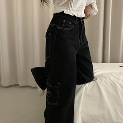 ワイド ステッチワッペンコットンカーゴジーンズ BLACK DENIM