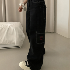 ワイド ステッチワッペンコットンカーゴジーンズ BLACK DENIM