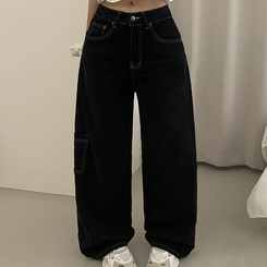 ワイド ステッチワッペンコットンカーゴジーンズ BLACK DENIM
