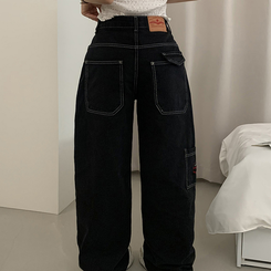 ワイド ステッチワッペンコットンカーゴジーンズ BLACK DENIM