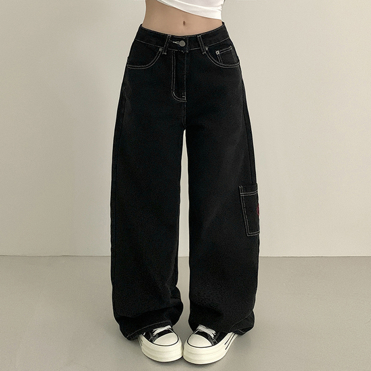 ステッチワッペンコットンカーゴジーンズ BLACK DENIM