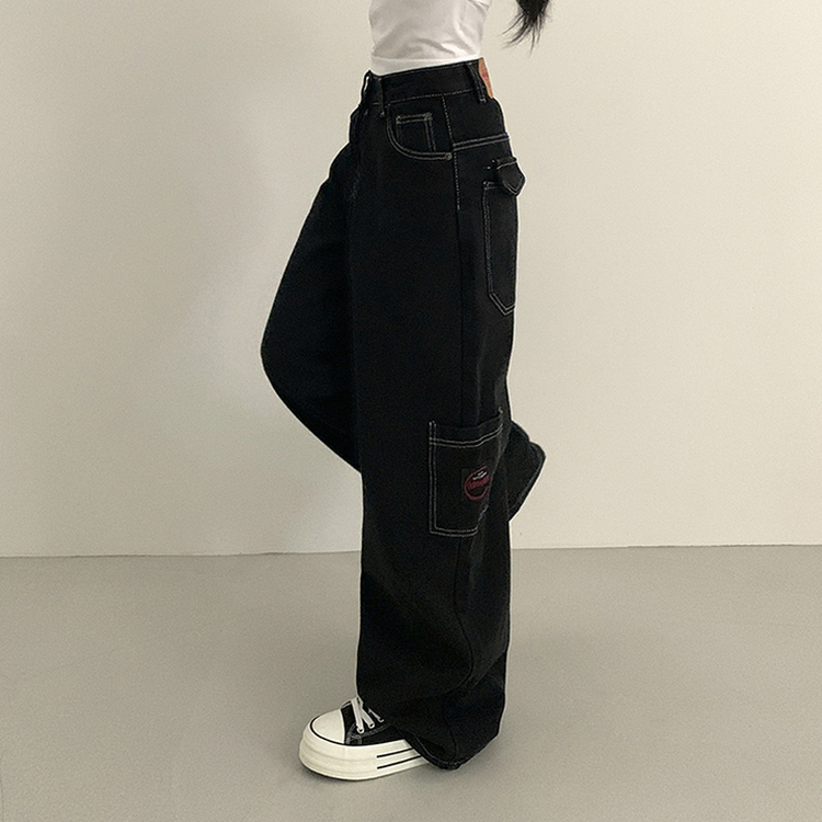 ステッチワッペンコットンカーゴジーンズ BLACK DENIM