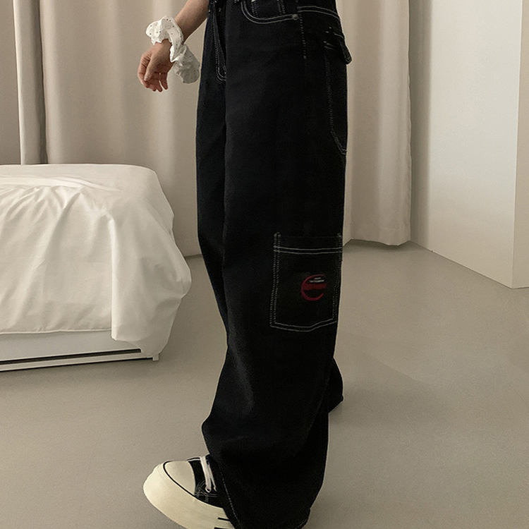 ステッチワッペンコットンカーゴジーンズ BLACK DENIM