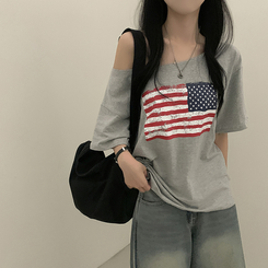 半袖Tシャツ ワンオフショルダーアメリカン半袖Tシャツ MELANGE