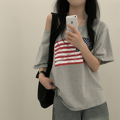 半袖Tシャツ ワンオフショルダーアメリカン半袖Tシャツ MELANGE