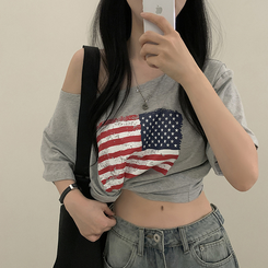 半袖Tシャツ ワンオフショルダーアメリカン半袖Tシャツ MELANGE