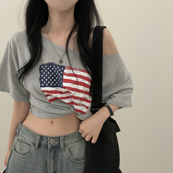半袖Tシャツ ワンオフショルダーアメリカン半袖Tシャツ MELANGE