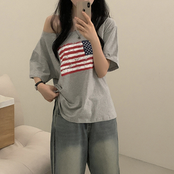 半袖Tシャツ ワンオフショルダーアメリカン半袖Tシャツ MELANGE