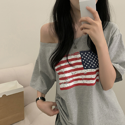 半袖Tシャツ ワンオフショルダーアメリカン半袖Tシャツ MELANGE