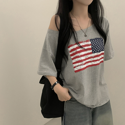 半袖Tシャツ ワンオフショルダーアメリカン半袖Tシャツ MELANGE