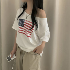 半袖Tシャツ ワンオフショルダーアメリカン半袖Tシャツ WHITE