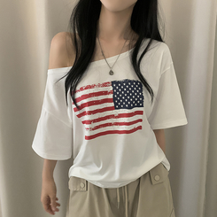 半袖Tシャツ ワンオフショルダーアメリカン半袖Tシャツ WHITE