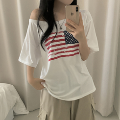 半袖Tシャツ ワンオフショルダーアメリカン半袖Tシャツ WHITE