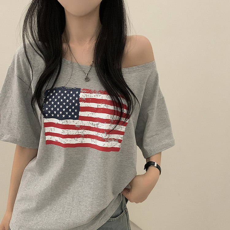 半袖Tシャツ ワンオフショルダーアメリカン半袖Tシャツ MELANGE