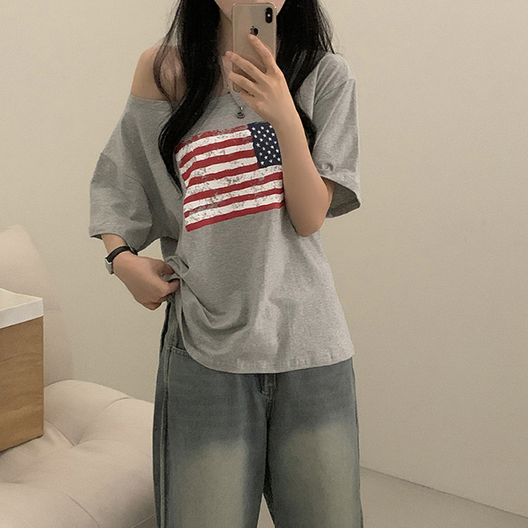 ワンオフショルダーアメリカン半袖Tシャツ MELANGE