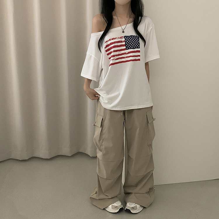 ワンオフショルダーアメリカン半袖Tシャツ WHITE