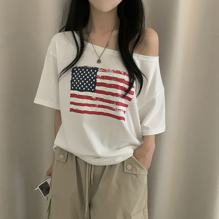 半袖Tシャツ ワンオフショルダーアメリカン半袖Tシャツ WHITE