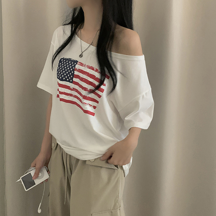 ワンオフショルダーアメリカン半袖Tシャツ WHITE