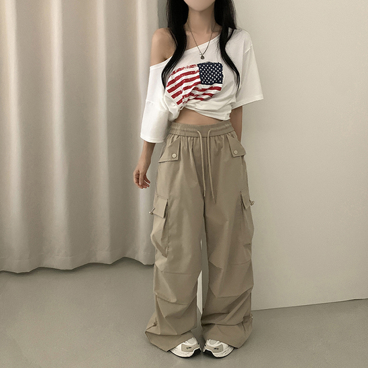 ワンオフショルダーアメリカン半袖Tシャツ WHITE