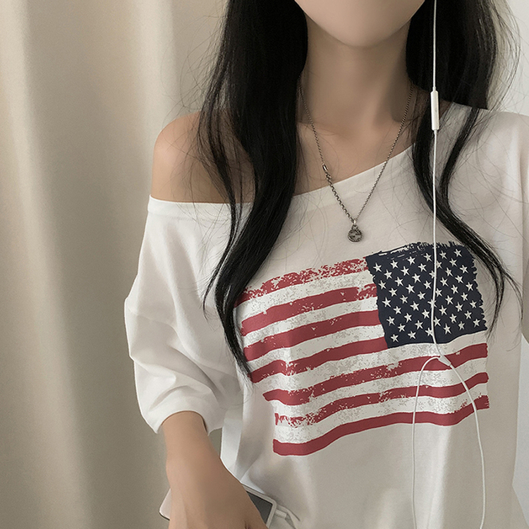 ワンオフショルダーアメリカン半袖Tシャツ WHITE