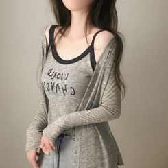 カーディガン 【SET】レタリングキャミソール スリムカーディガン GREY