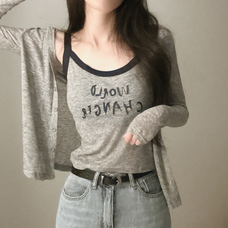 【SET】レタリングキャミソール スリムカーディガン GREY