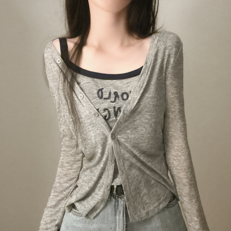 【SET】レタリングキャミソール スリムカーディガン GREY