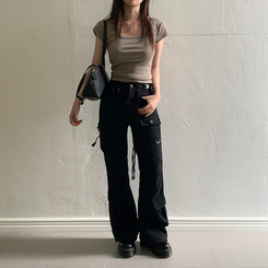 コットンパンツ ストリングカーゴブーツカットパンツ BLACK