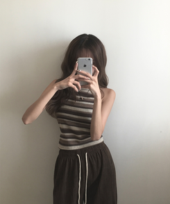 ノースリーブ ストライプホルターキャミソール BEIGE