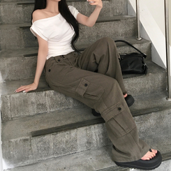 コットンパンツ ポケットセミワイドローライズカーゴパンツ KHAKI