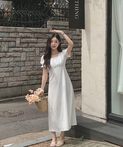 ロングワンピース ボタンパフシャーリングロングワンピース IVORY